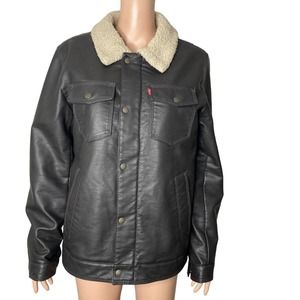 Levis Jacket Mens Size Small Faux Leather Brown Fleece Lined Snap Buttons